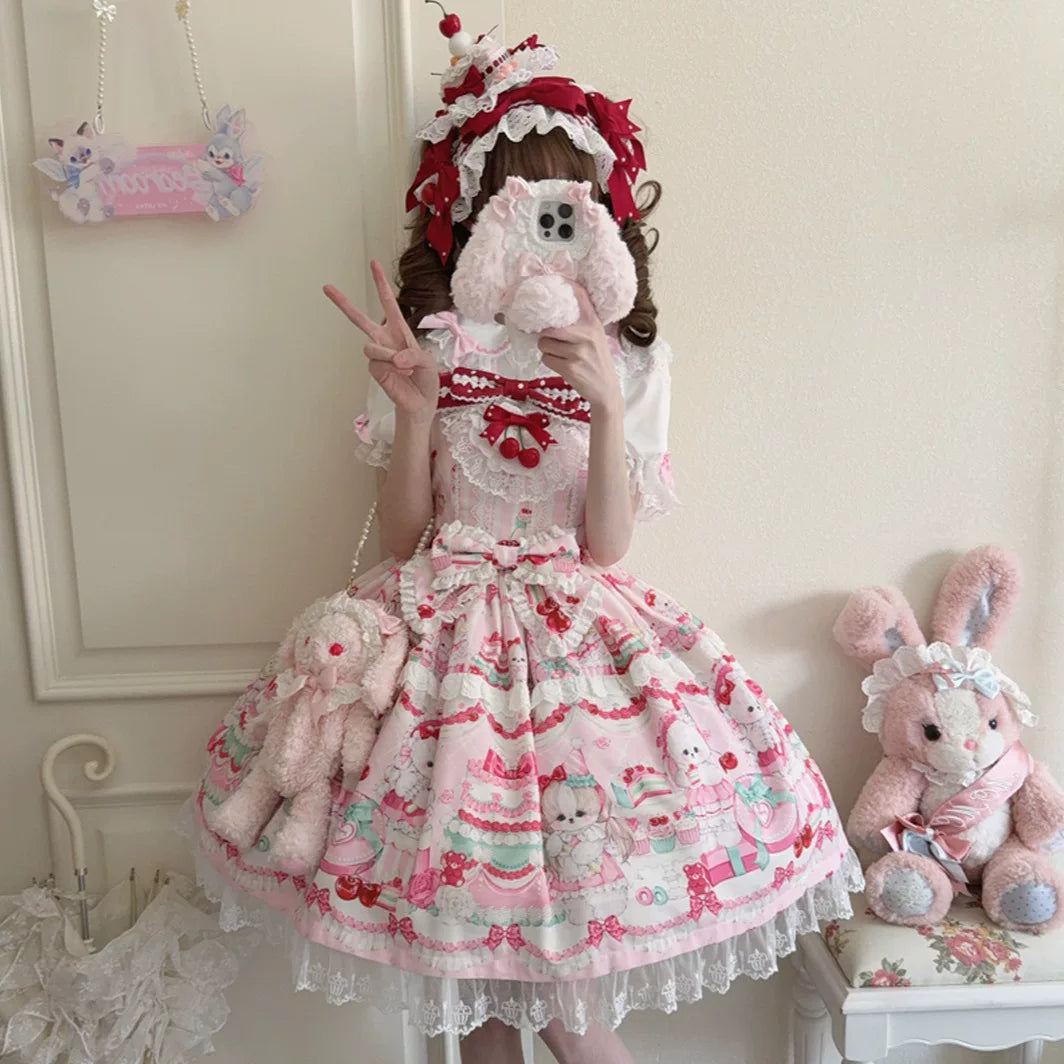 Lady Han Cherry Bake JSK dress by Lolita Fetch featuring a cherry pattern and original design, displayed on a dress form.