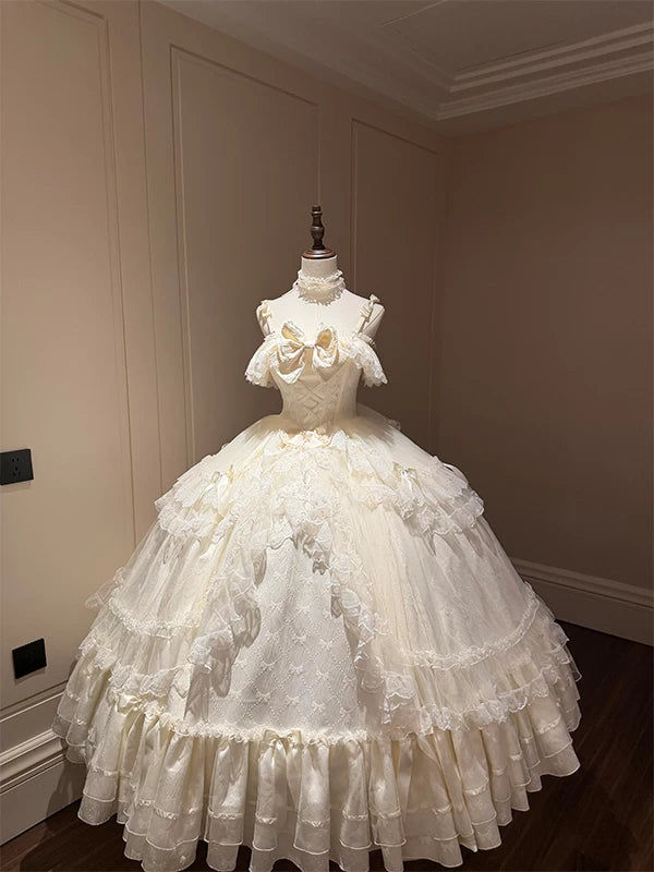 Off-shoulder champagne lolita dress with scalloped lace sleeve trim and ruffled hem
