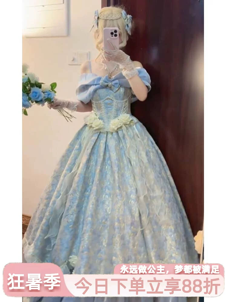 Flora Muse blue off-shoulder Lolita ballgown with sweetheart neckline