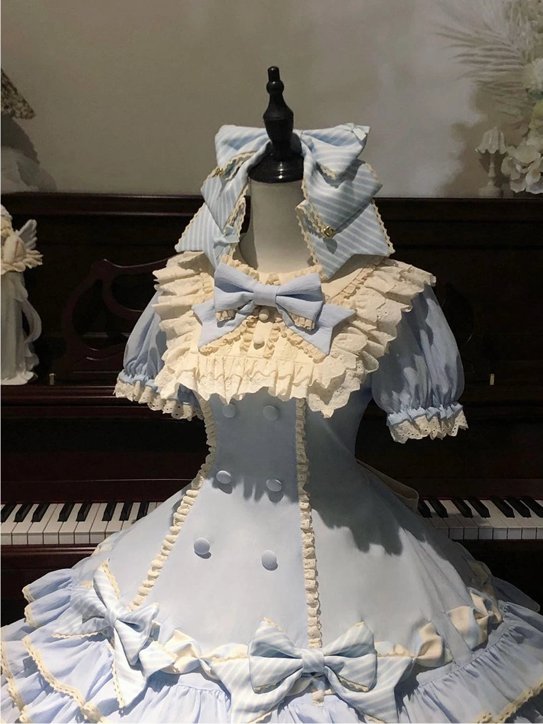 Creamy - Blue Stripe Cake Skirt - Layered Ruffle Lolita Dress with Bow Headpiece