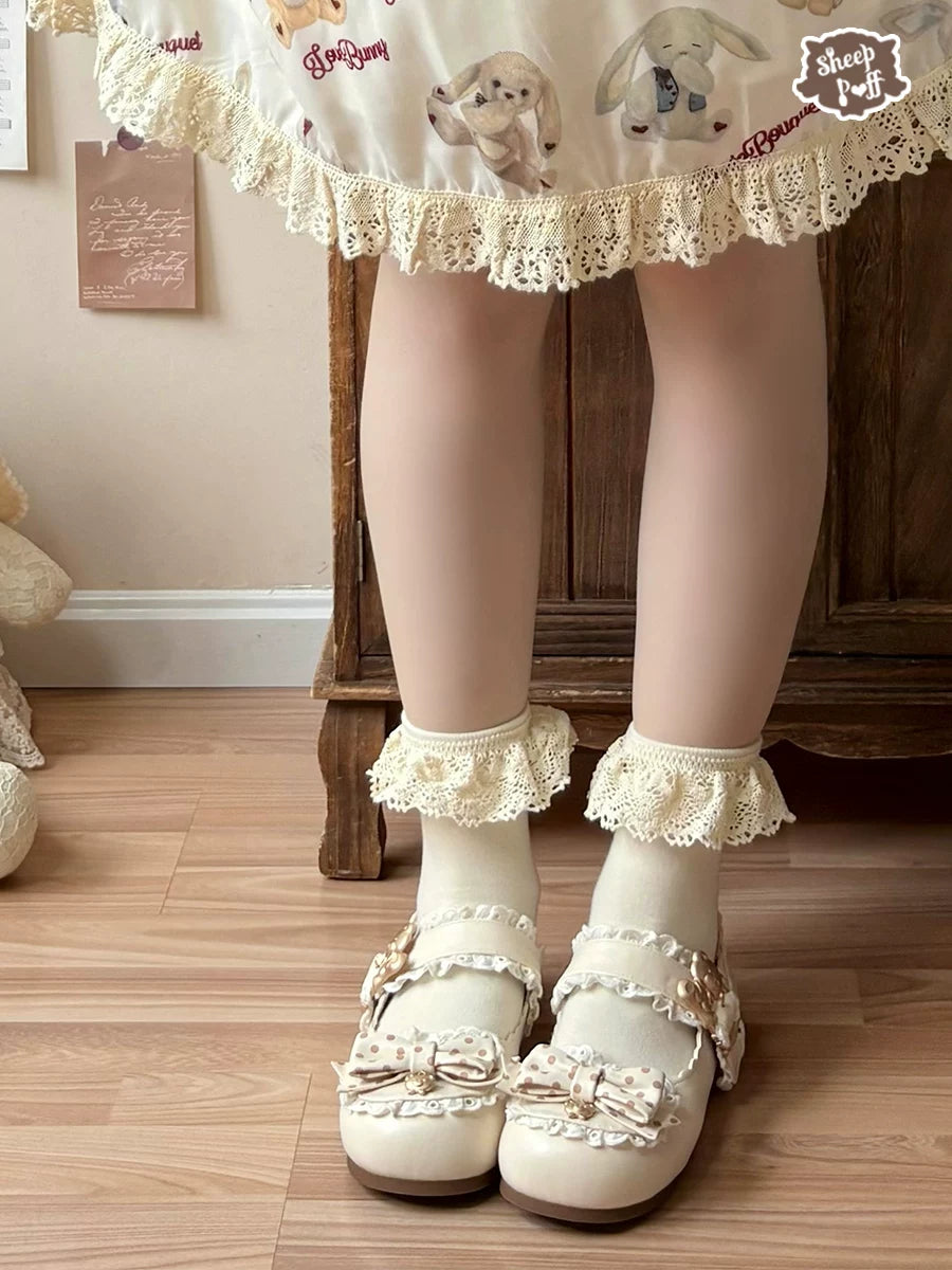 Sheep Puff Lolita shoes with low heels, featuring a polka dot pattern and cute bear puff design in a charming, vintage style.