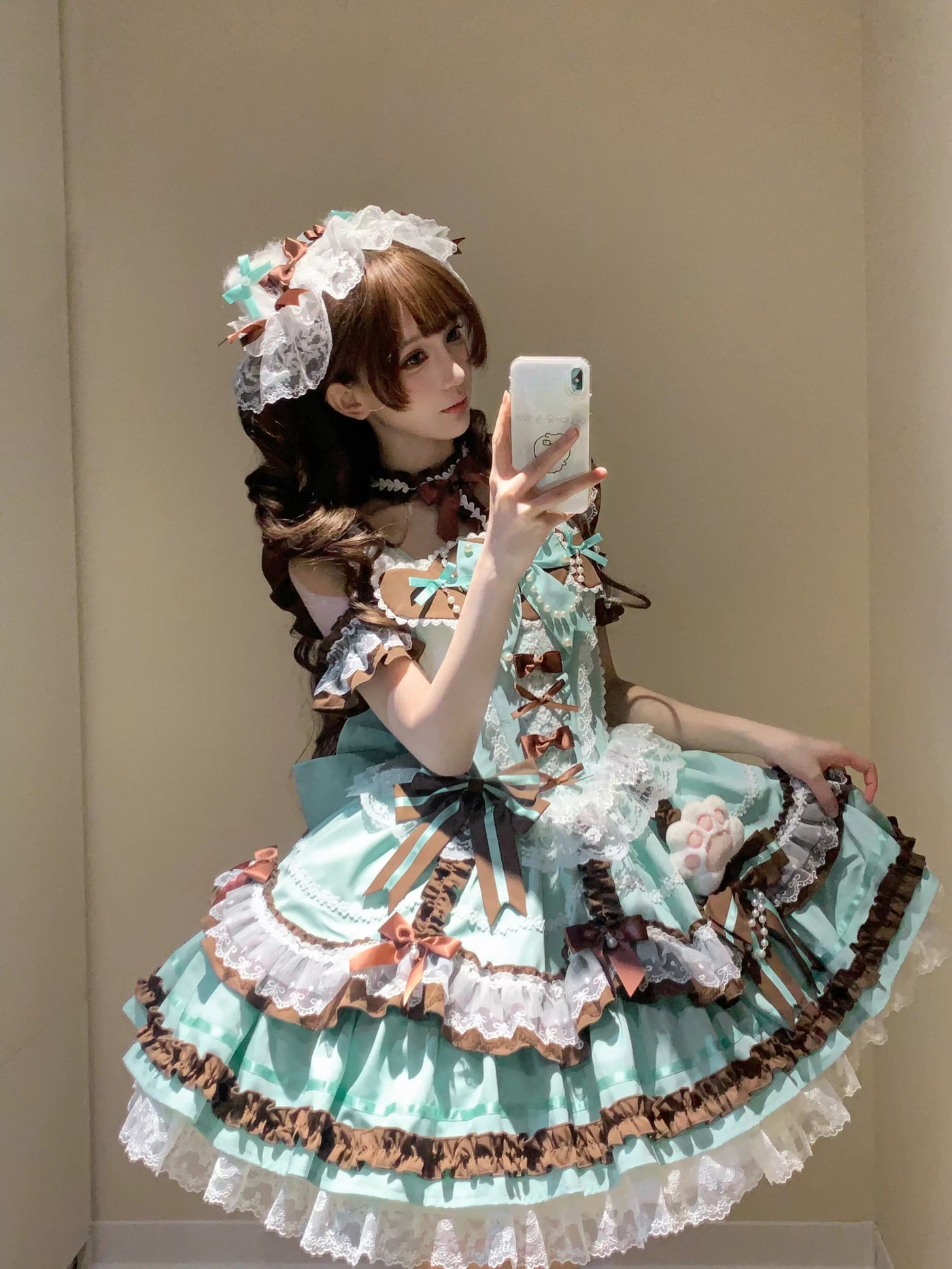 Creamy - Mint Chocolate - Lolita JSK Dress with Chocolate-Brown Ruffles