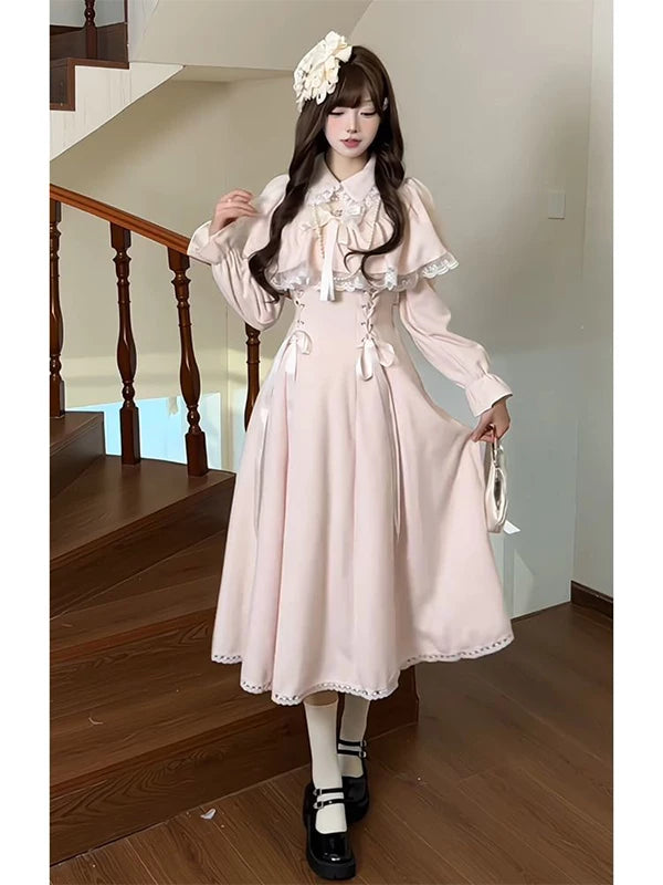 Creamy - Pink Lace Capelet - Dress with a Lace-Trimmed Capelet Overlay