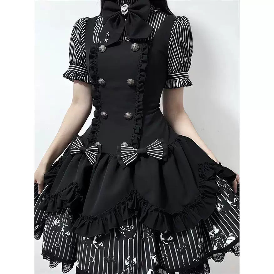 Sweetheart Dream Machine - Dark Sequence Ballad - Black-and-white striped JSK coordinate with puff sleeves