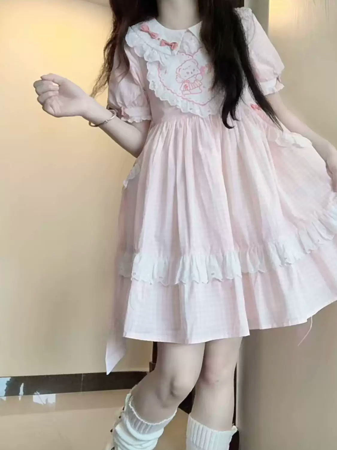 Creamy - Candy Gingham - Pink checked dress with a ruffled doll collar