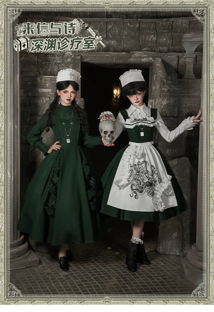 With PUJI - Abyss Clinic - Gothic Lolita Green Dress Set, Embroidery Accent detail view 6