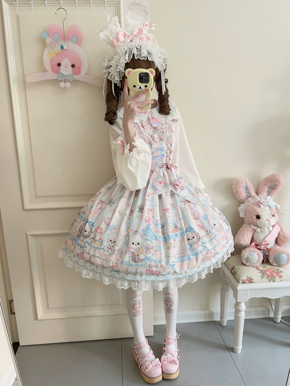 Lady Han Sweet Tea Party JSK dress by Lolita Fetch featuring a cute, pastel-colored tea party print with bows and ruffles.