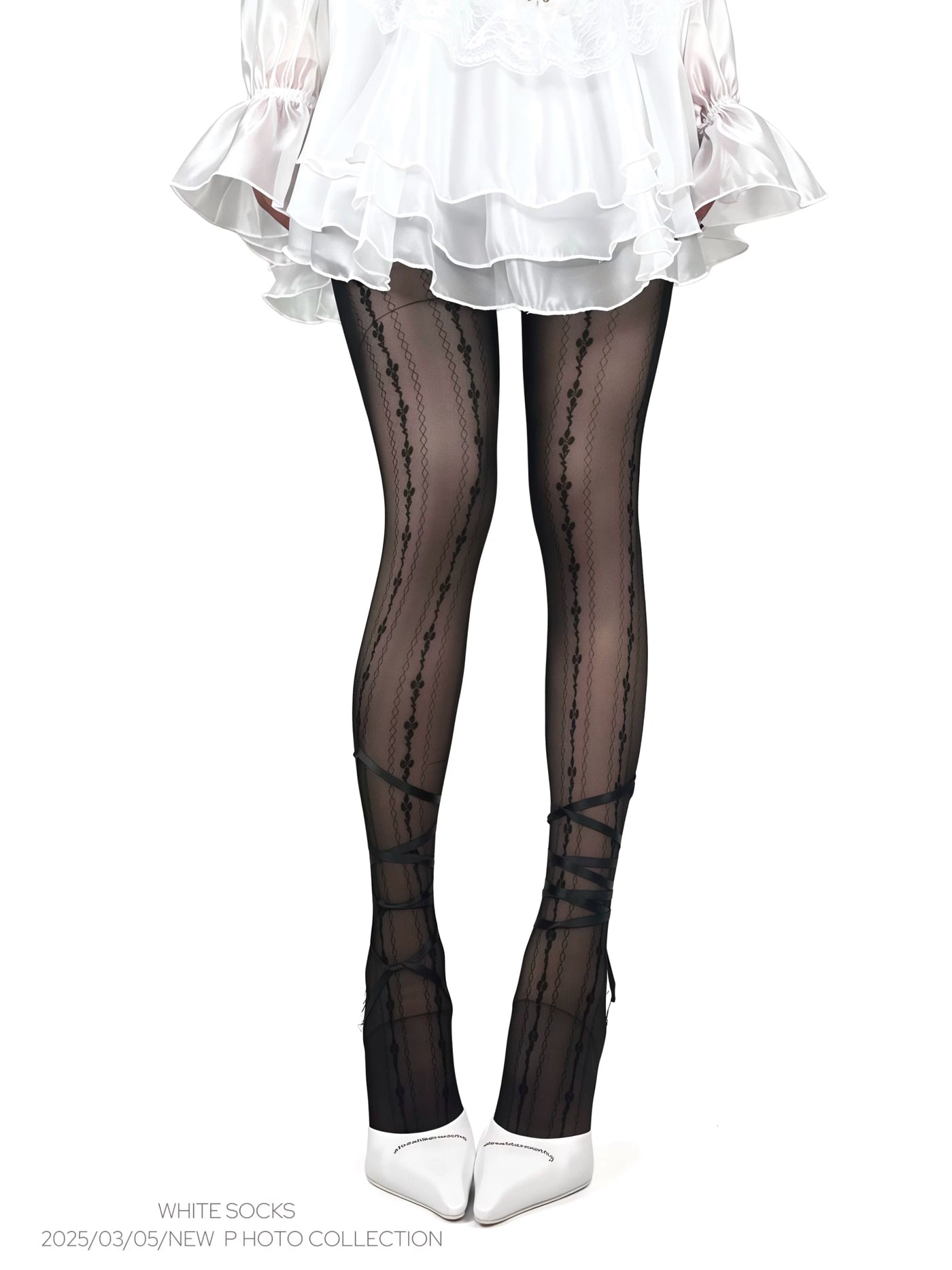 Black sheer patterned tights with ribbon ankle ties, balletcore lolita style