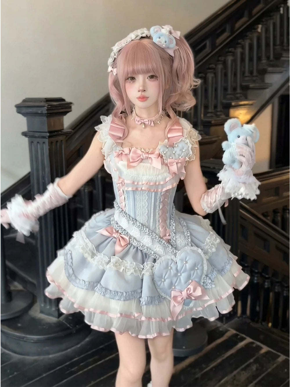 Creamy blue and white JSK dress with pink bows, heart detail and layered ruffles