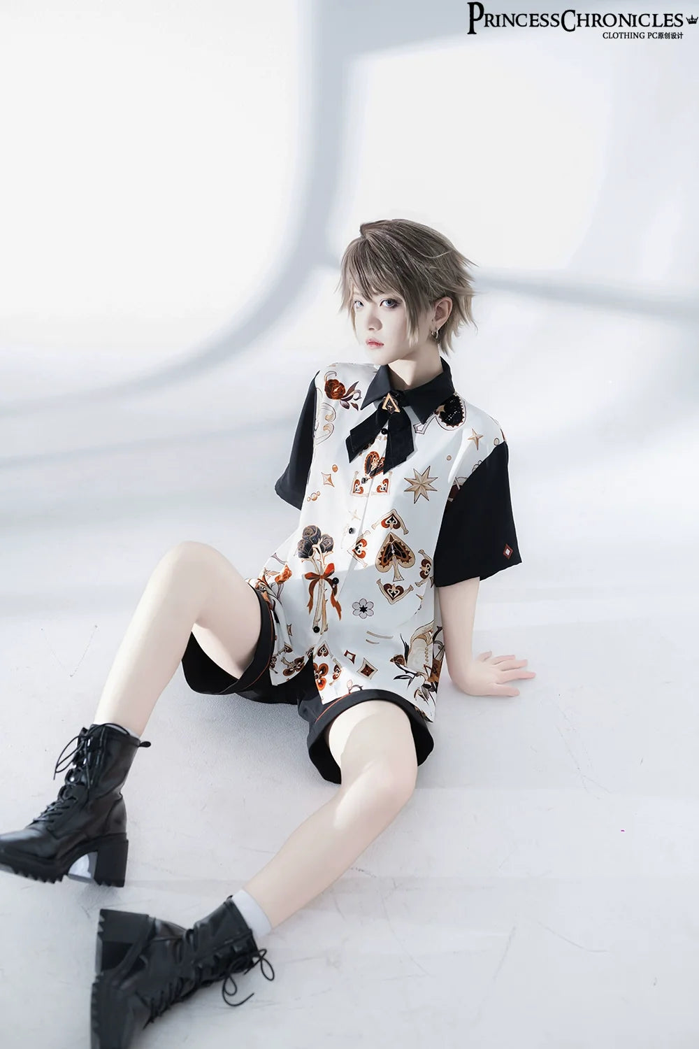 Princess Chronicles - Floral Intoxication - Retro Ouji Lolita Shirt Floral Short Sleeve Shirt and Embroidered Black