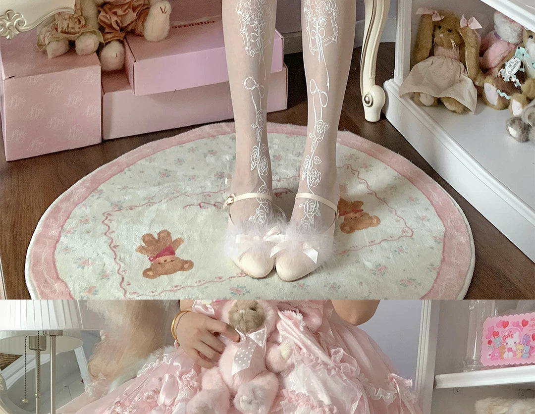 roji roji - Rose Frame - White Tights with Rose-Frame Print