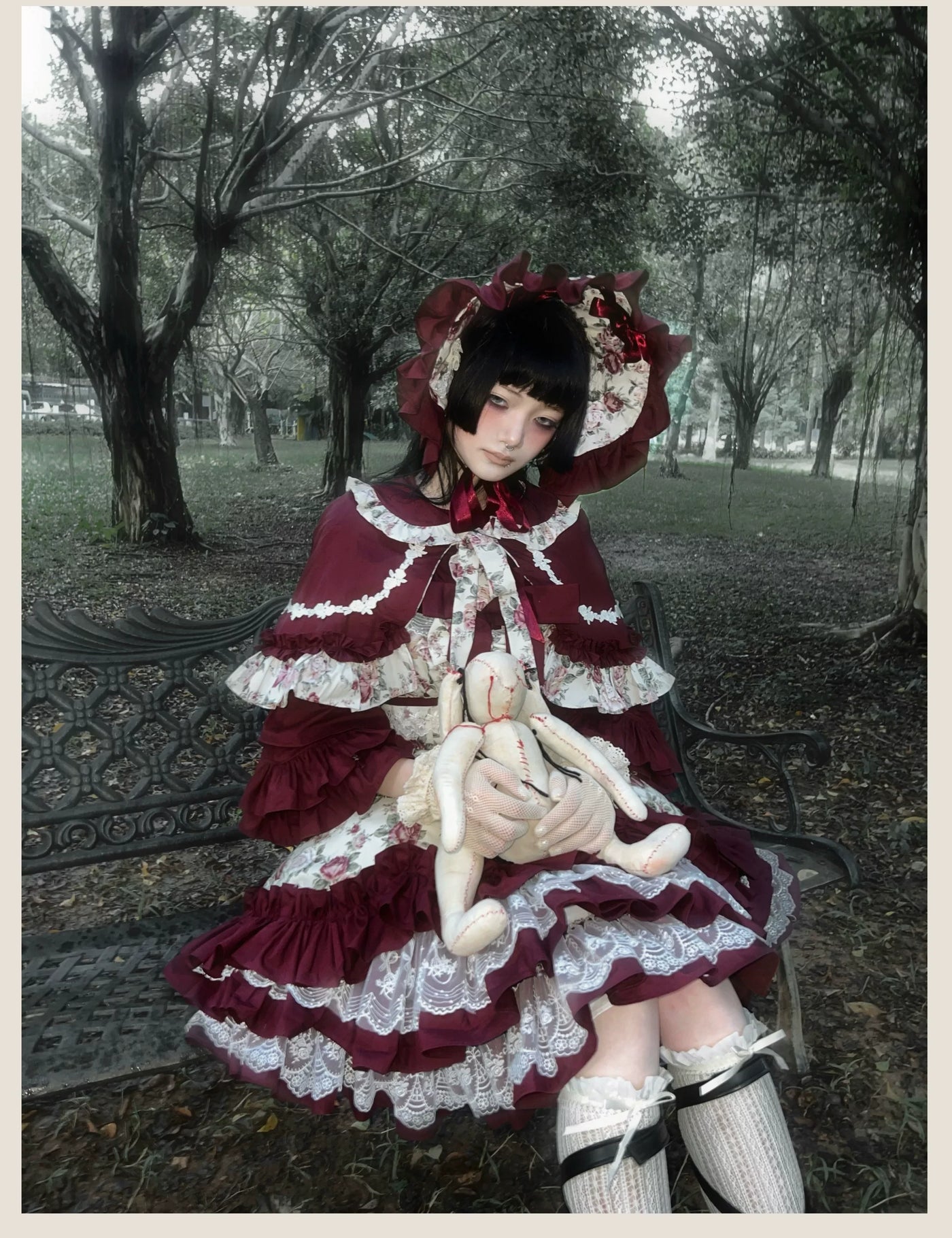 TaTaTa Lolita - Burgundy Rose - Floral Printed Old School Lolita JSK, Elegant Cape