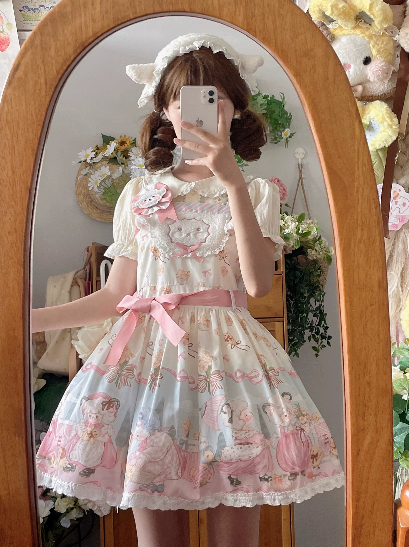 Cat Upon Cat - Sheep Waltz - Printed JSK with a Lace-Trimmed Hem