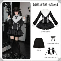 With PUJI - Doki! · Autumn Limit - Sweet Lolita OP Dress, Ruffle Trim - Striped Dress 4-piece set (striped dress + shorts + Nocturne brooch + oxygen ion edge clips *2) In stock / S