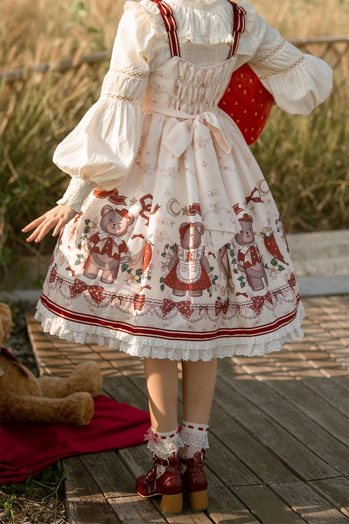 Designer's Gift - Christmas New Year Winter - White Coat and JSK Dress with Red Bow - product detail 5
