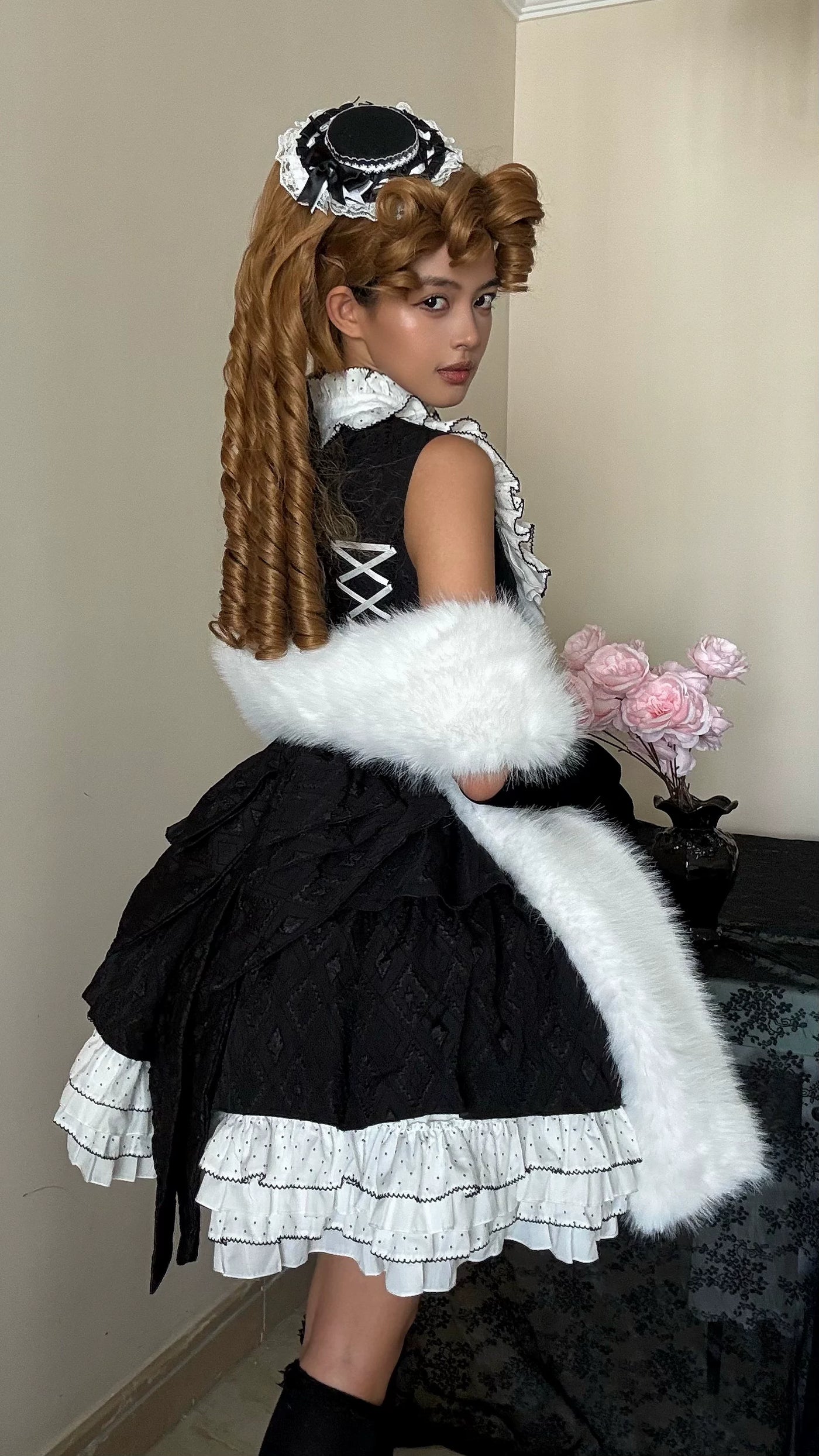 Alice - Black Heiress - Black One-Piece Dress with White Ruffle Collar