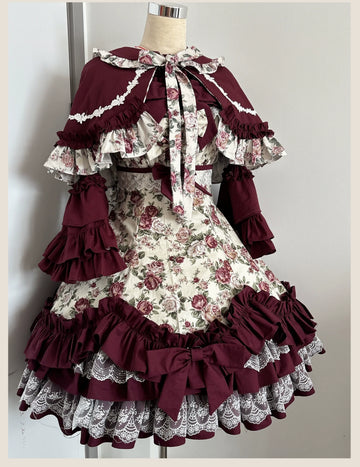 TaTaTa Lolita - Burgundy Rose - Geblümtes Old School Lolita JSK, Elegantes Cape