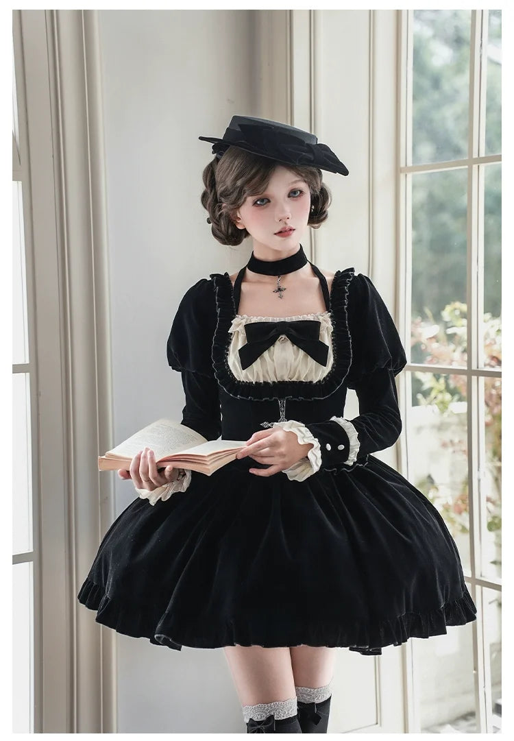 With PUJI - Apocalypse - Gothic Lolita Velvet OP Dress Set, Fishbone Waist