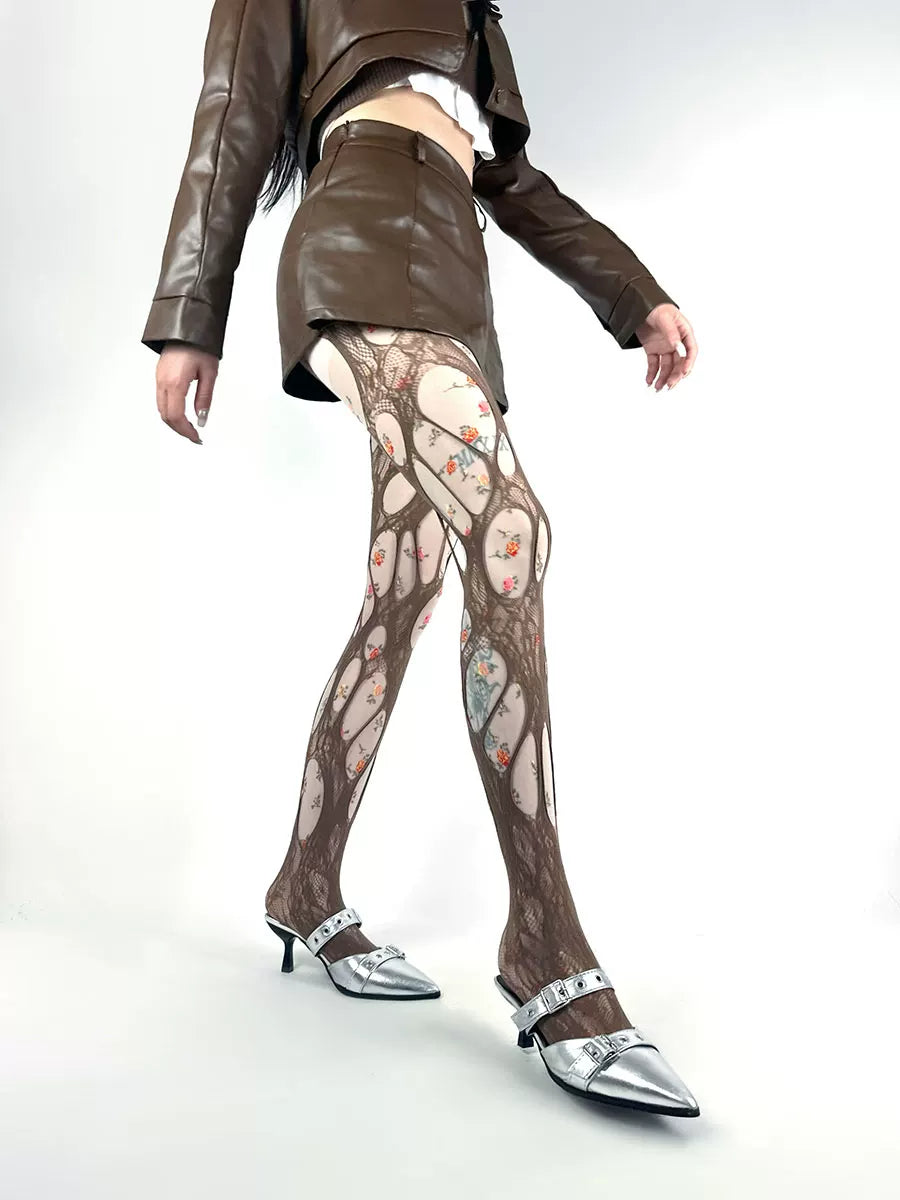 White Socks - Floral Panel - Sheer Floral Tights with Oval Openwork Panels