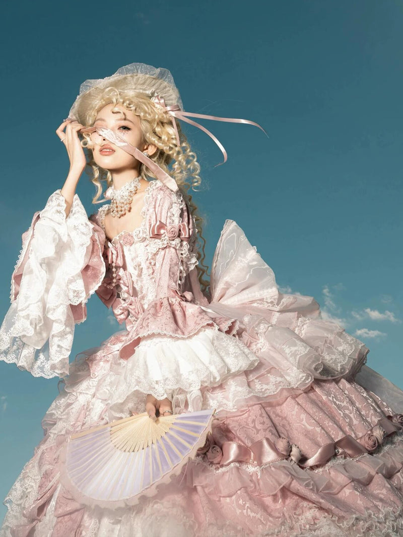 Emoji Dream sweet lolita pink floor-length one-piece dress with petticoat support for full skirt volume