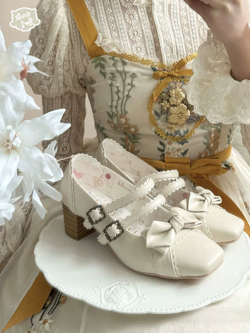 Sheep Puff Squared Bow 2.0 mid heel Lolita shoes featuring a white puffed square bow and classic design.