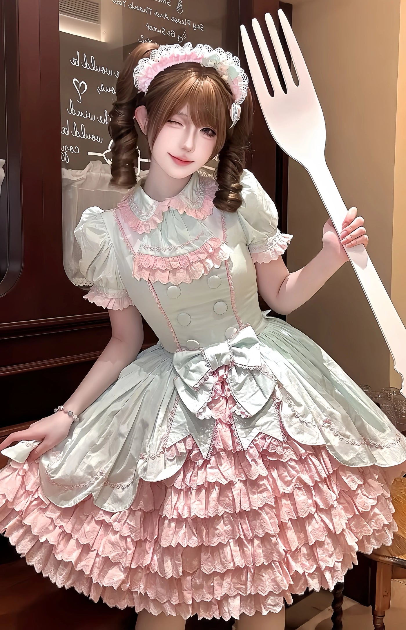 Tata Long Ear - Melon Parfait - Short-Sleeve OP Dress with Layered Ruffles