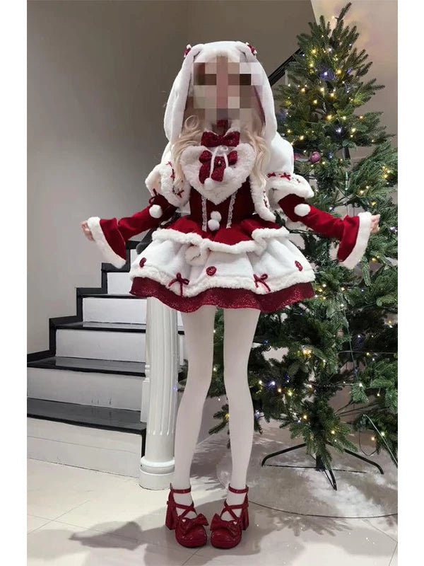 Creamy - Christmas - Red-and-White Three-Piece Dress Set with Hooded Cape
