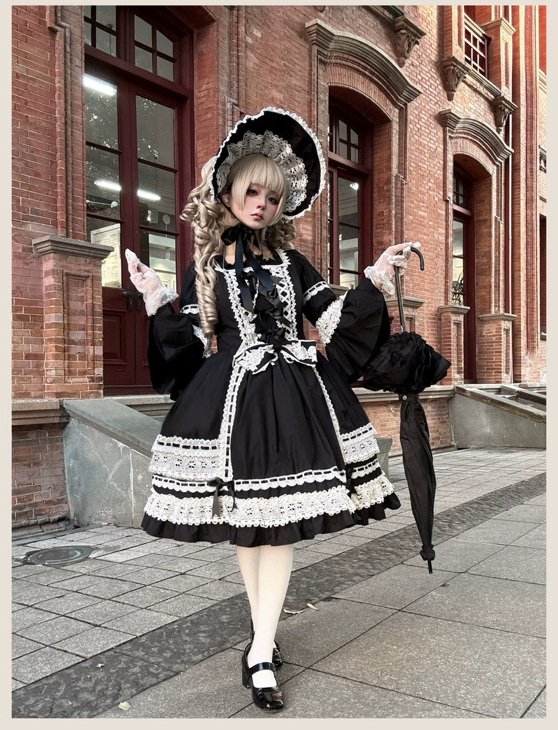 TaTaTa Lolita - First Otome - Black Old School Lolita OP Dress, Lace Details