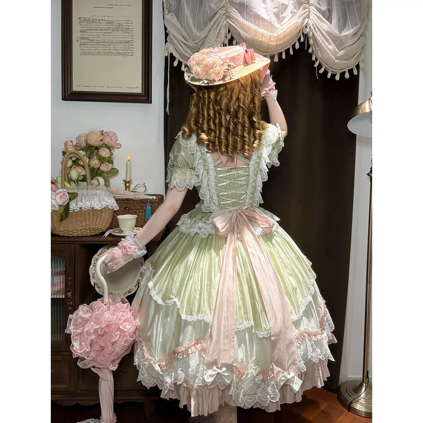 Creamy - Garden Heirloom - Short-Sleeve Dress with Floral Lace and Bow Trim