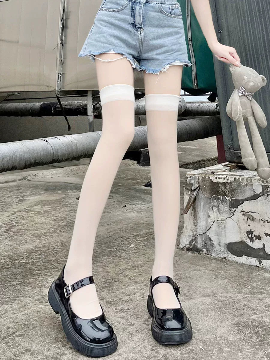 Floral Milk Cat - Sheer Thigh-High - Lightly Sheer Over-the-Knee Stockings with a Smooth Top Band