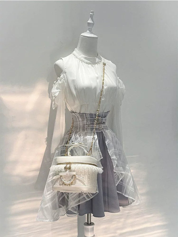 Creamy - Clear Plaid Layers - White Two-Piece Set with Off-Shoulder Top and Double-Buckle Waist