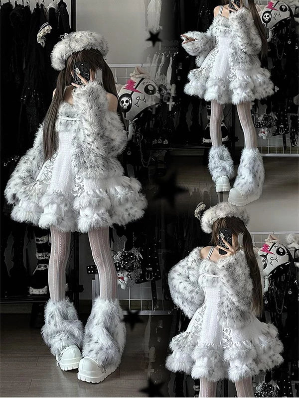 Lolita white moonlight fuzzy cropped jacket and tiered puff dress set, front view
