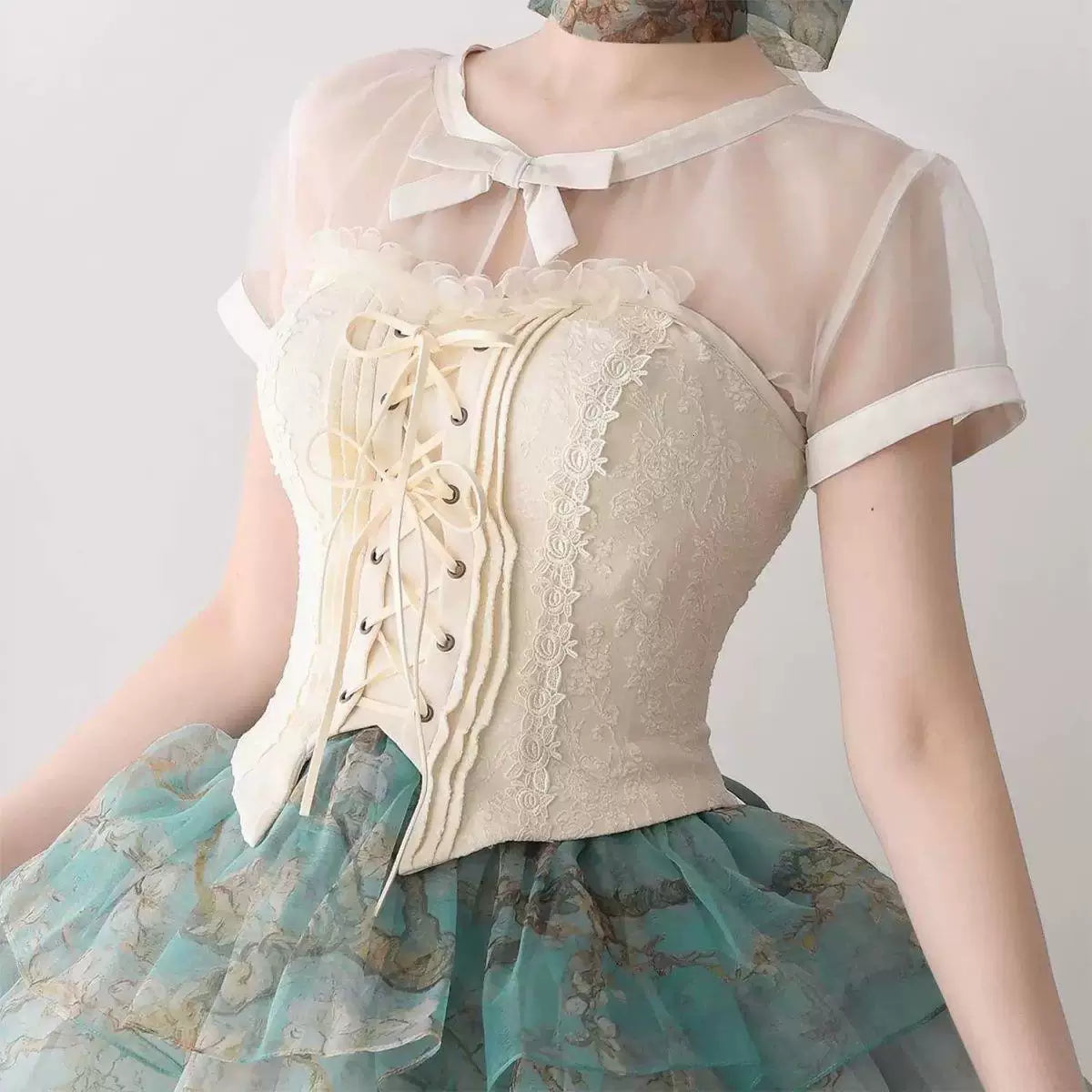 Sweetheart Dream Machine - Ribbon Overlay - Short-Sleeve Blouse with Sheer Panels and Bow Details
