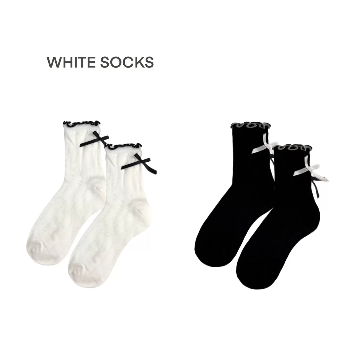 White Socks - Ballet Ribbon - Mid-Calf Socks with Lace Trim and Bow Detail