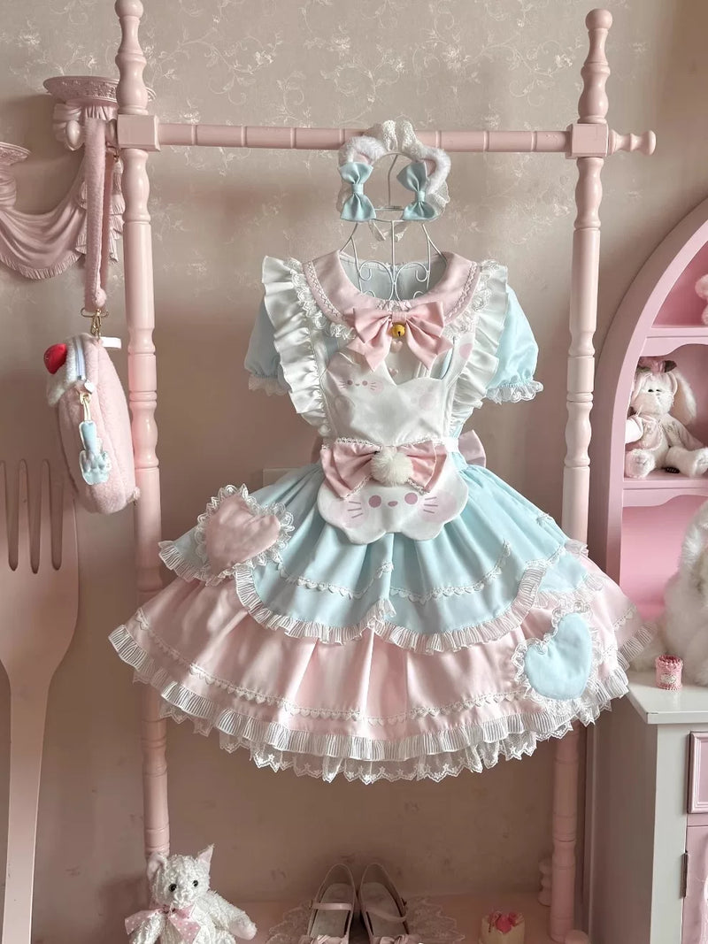 Sweet Tea Girl sweet Lolita full accessory set for the cat-themed OP dress including apron, headwear, and hair clips