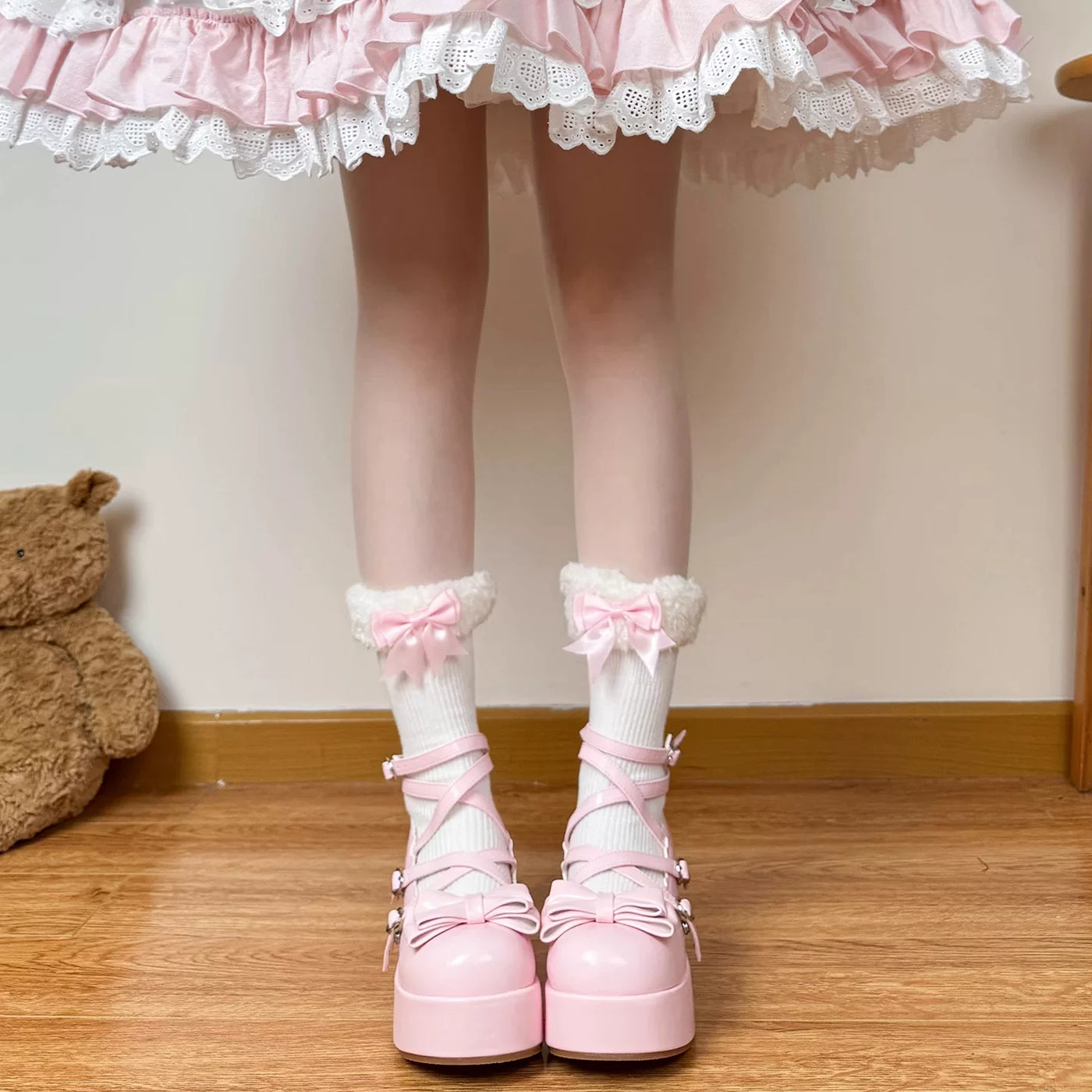Chubby Bear Tales - Caramel Brown - Mid-Calf Scrunch Socks with Bow and Pom-Pom Details