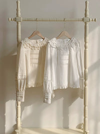 With PUJI - Jennie - Sweet Lolita Cotton Shirt, Ruffled Round Collar - 花边小圆领白色衬衫 现货 / S