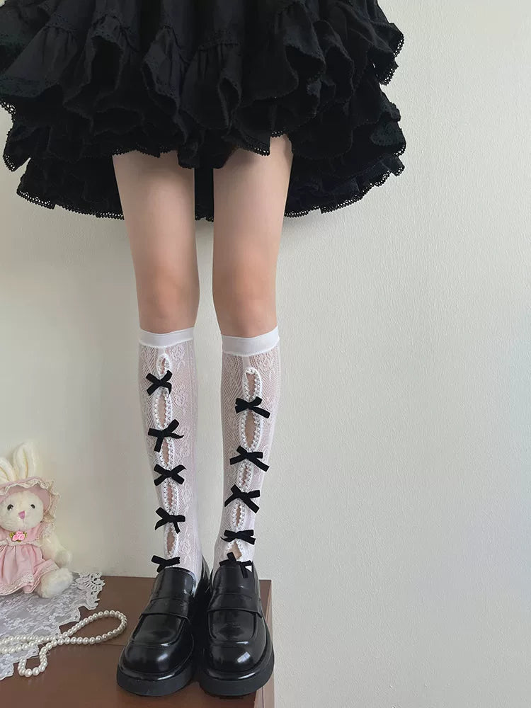Sock Noble - Gothic Bow Lace - Mid-Calf Slouch Socks with Openwork Lace
