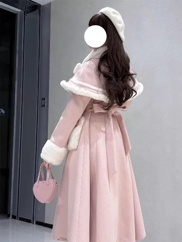 Creamy - Pink Cape Coat - Dress coat set with detachable cape and scarf
