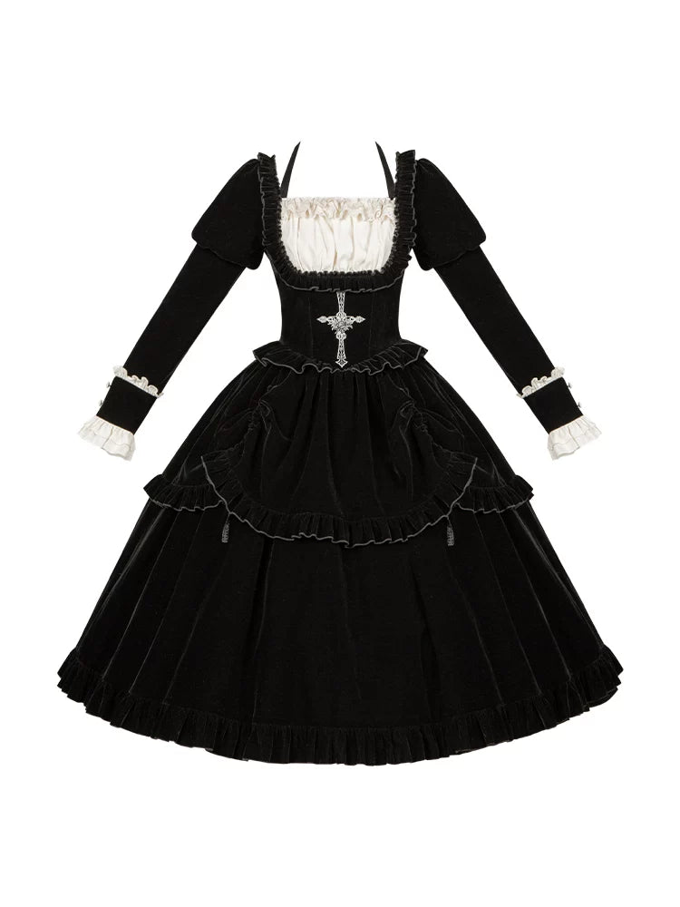 With PUJI - Apocalypse - Gothic Lolita Velvet OP Dress Set, Fishbone Waist detail view 5
