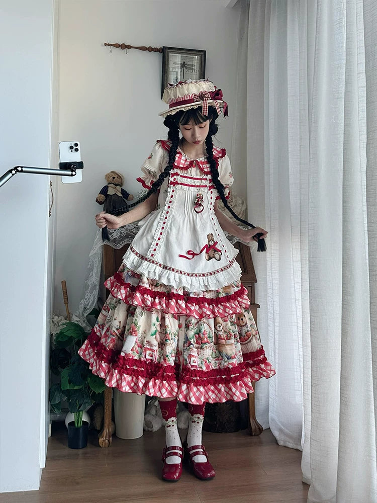 Dream Bunny cream strawberry-print one-piece dress with red gingham ruffles