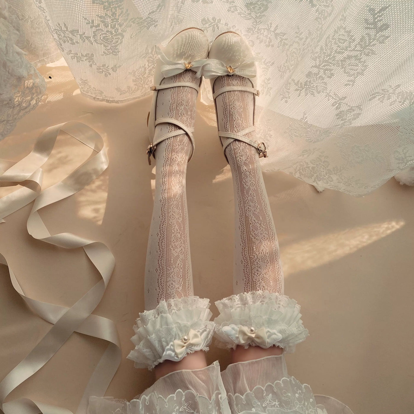 Sock Noble - Angel's Secret Garden - Lace Socks with Bow and Pearl Details