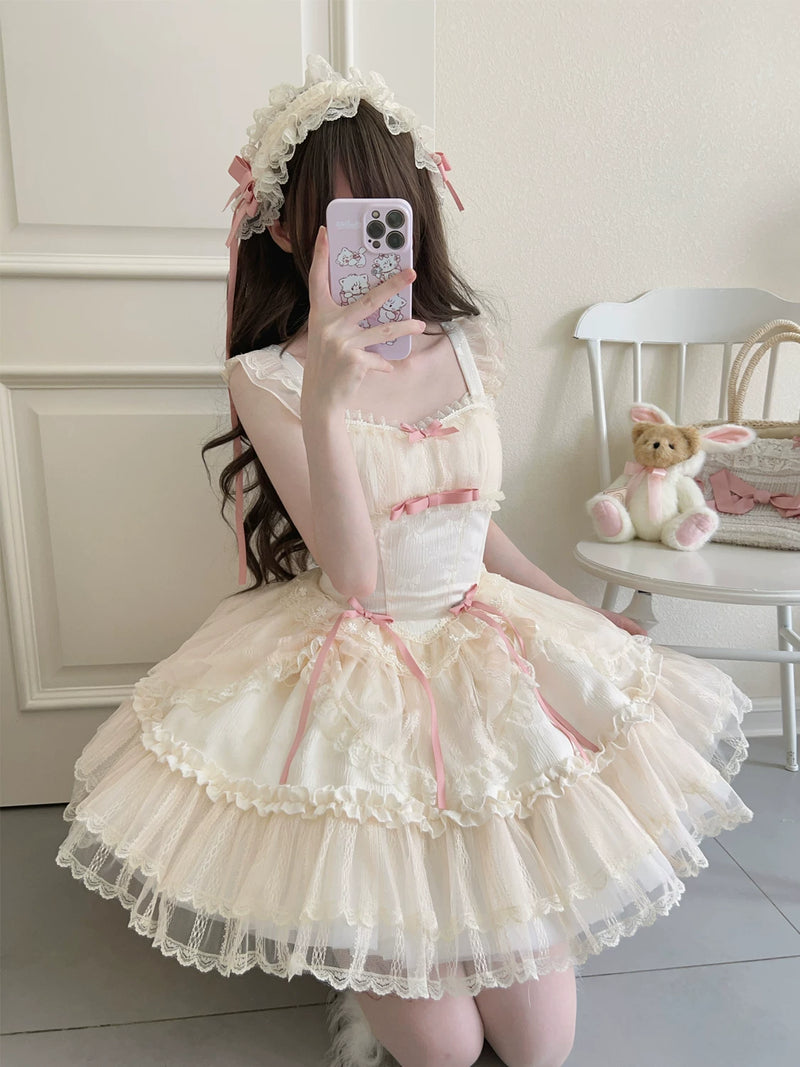 Lady Han Flower Season Bond ballet JSK dress in floral print with lace details, displayed on a hanger.