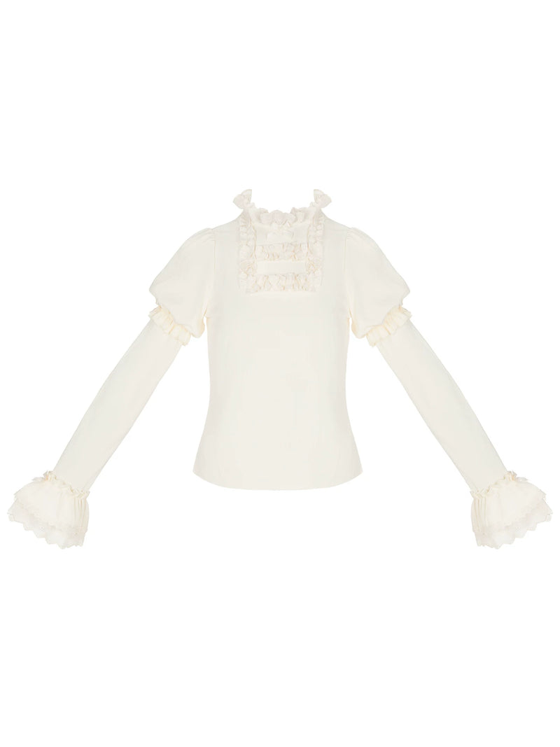 With PUJI - Wind Floc - Classic Lolita Top, Ruffle Trim & Stand Collar detail view 5