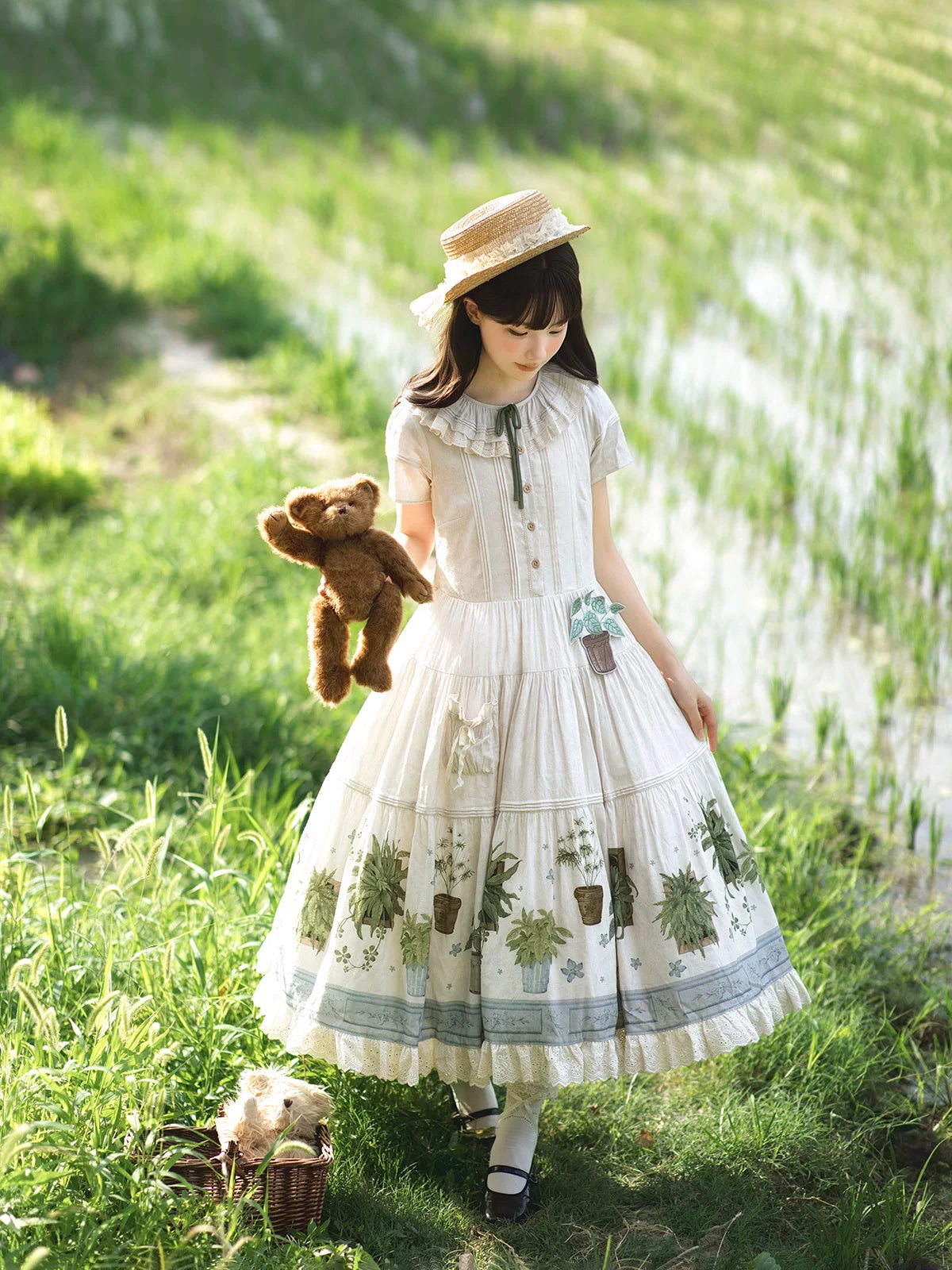 Baozi Pig - Little Potted Plant - Botanical Print One-Piece Dress and Skirt