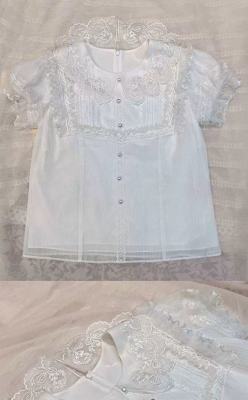 Sweetheart Dream Machine - Starry Cloud Twin Rabbit - Crew-Neck Short-Sleeve Blouse with Lace Bib