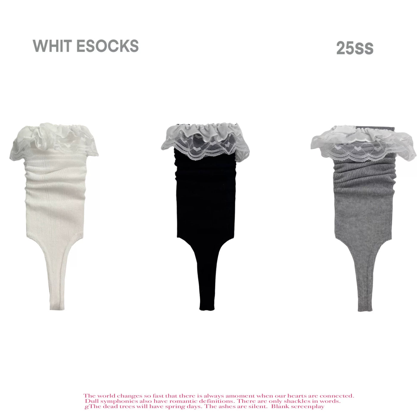 Lace-trimmed stirrup socks shown in white, black and grey, with pink socks styled on legs.