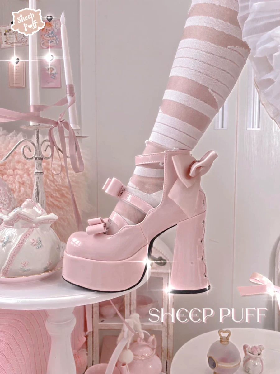 Sheep Puff Barbie Party Lolita Heels featuring pastel colors, cute sheep puff embellishments, and a feminine shoe design.