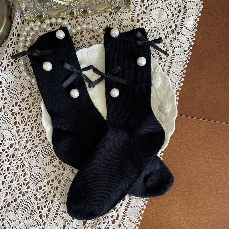 Sock Noble - Pearl Bow Slouch - Slouch Socks with Pearl and Bow Details
