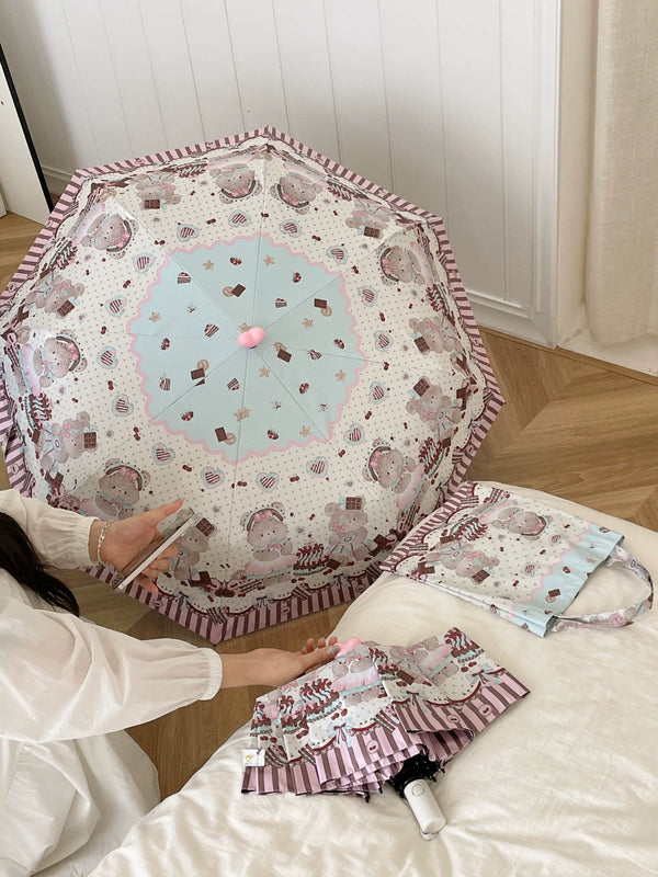 Open Honey Thin Chocolate Berry Bear parasol with bear, berry and chocolate-bar print